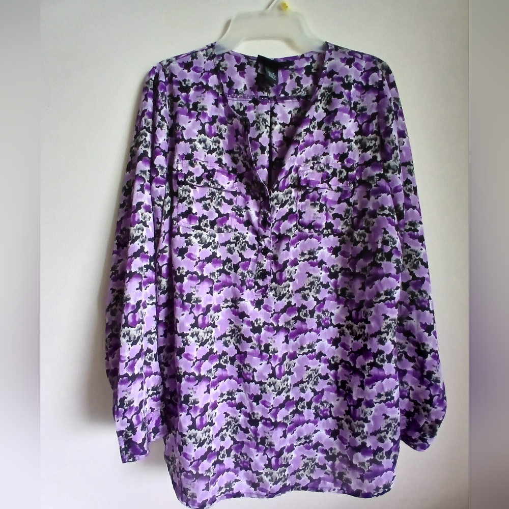 Lane Bryant Purple Black Blouse Womens Size 14/16 Long Sleeves